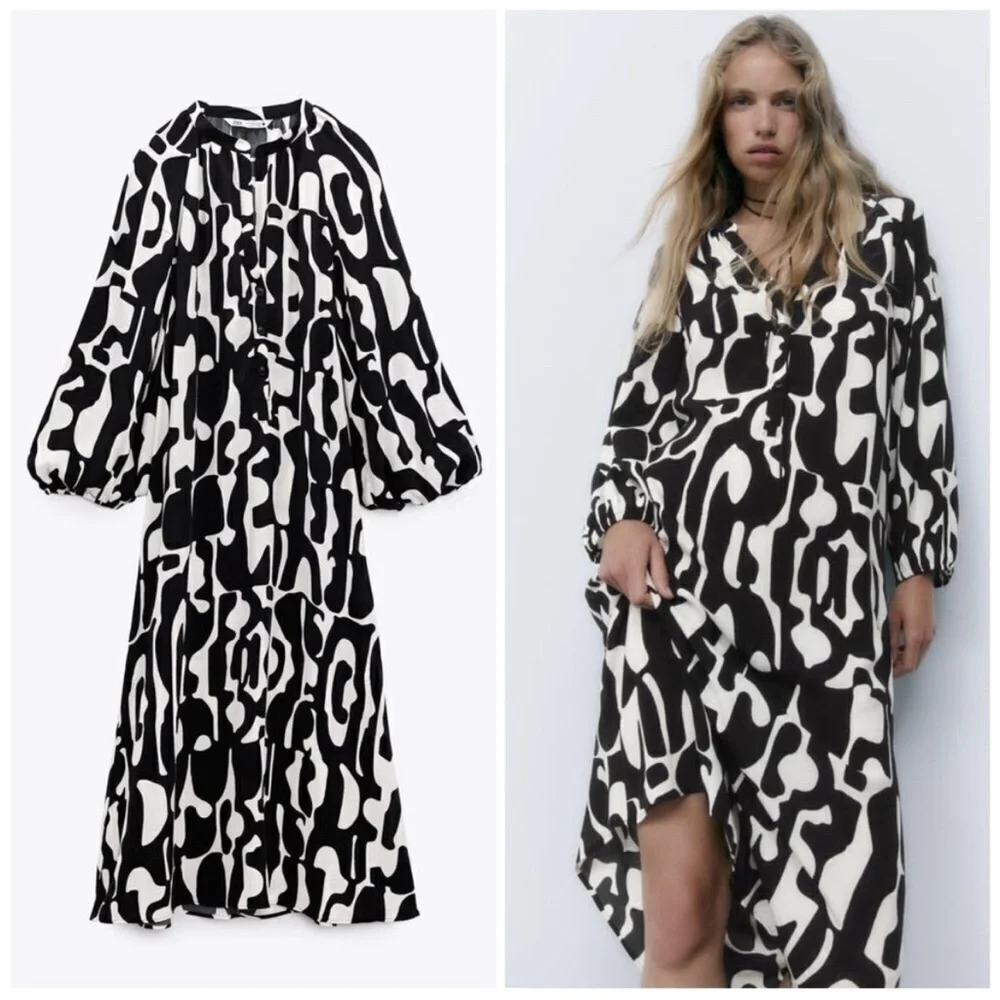 ZARA • Beautiful Abstract Design Black & White Patterned Midi Dress - Picture 3 of 16